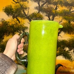 Vintage Hand Blown Art Glass Pitcher: MCM Lime Green Glassware